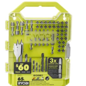 RYOBI 65-Piece Drill and Drive Bit Set with drill bits, driver bits, and storage case for DIY projects and home repairs.